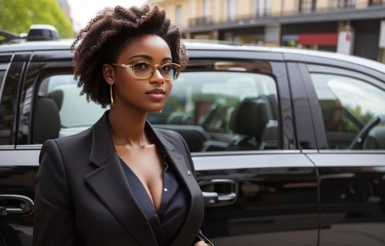 Femme qui attend un taxi en costume professionnelle